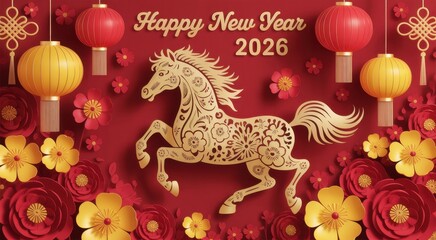 Paper-cut style golden horse with floral patterns on a red background, surrounded by paper flowers and hanging lanterns. Happy New Year 2026 greeting banner.