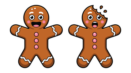 Two gingerbread characters with expressive faces one happy and one surprised with cracks on the body