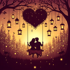 Valentine&rsquo;s Day Social media post vector with a couple on a swing under a heart-shaped tree canopy