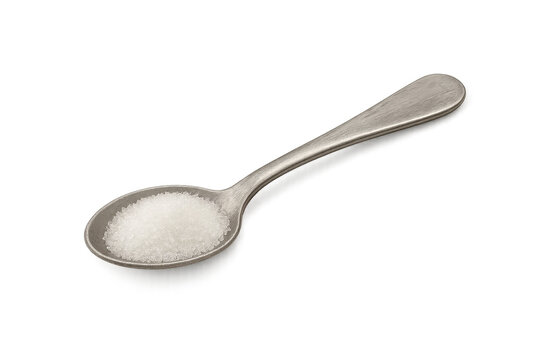 Metal spoon holding granulated white sugar transparent background