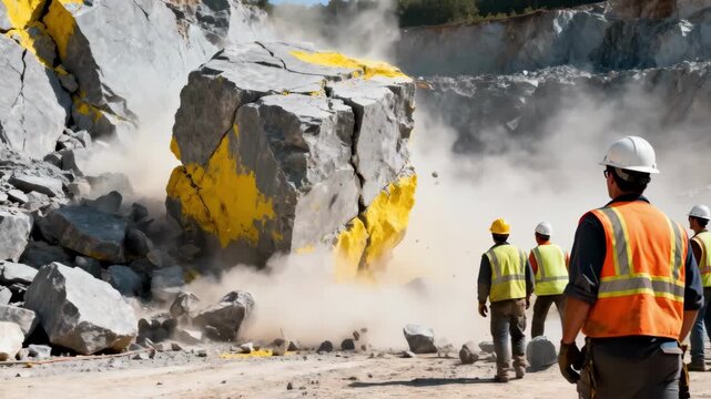 Controlled blasting sequence captured midexplosion as workers ensure safe removal of giant rock obstruction in open quarry