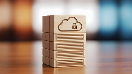 Wooden blocks stacked under a cloud icon engraved on top block, symbolizing cloud computing and secure data storage