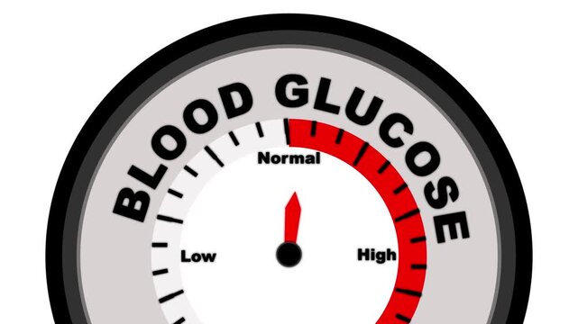 Blood glucose text or word displayed with a barometer or tachometer-style gauge showing levels from low to normal to high, symbolizing monitoring of blood sugar levels