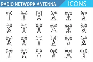 Antenna and Wireless Signal Icons Set, Network Communication Illustration