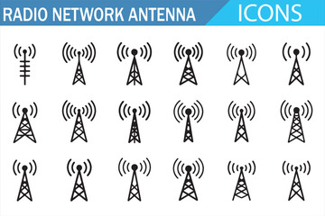 Radio Signal Tower Icons Collection, Broadcasting and Telecom Symbols