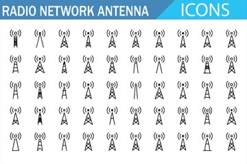 Radio Network Antenna Icons Set, Wireless Signal Tower Symbols, Broadcasting and Communication Technology Illustration