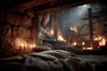 a manger under a beam of light in a dimly lit setting with candles and a cross in the background