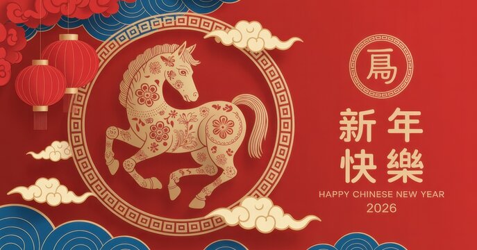 Happy Chinese new year 2026. Horse zodiac sign on red background. Asian elements with craft paper cut style lantern flower clouds. Translation Happy new year, Year of the horse. 
