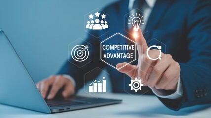 Competitive Advantage Concept. The key to business success. Working on laptop, competitive advantage with the icons of innovation, differentiation strategy, value creation, performance and achievement