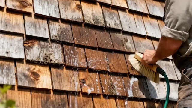 Person gently cleaning cedar shake siding prior to sealing focusing on preparation steps for preserving wood durability and appearance.