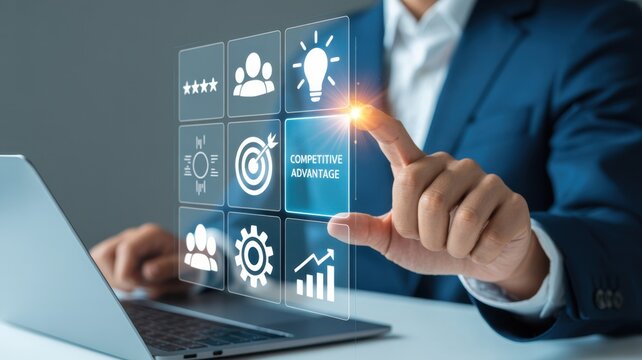 Competitive Advantage Concept. The key to business success. Working on laptop, competitive advantage with the icons of innovation, differentiation strategy, value creation, performance and achievement