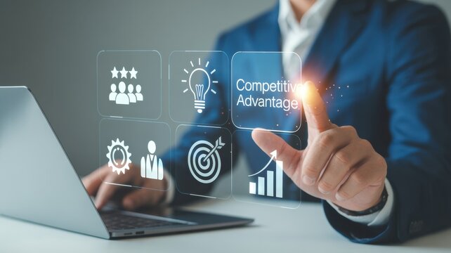 Competitive Advantage Concept. The key to business success. Working on laptop, competitive advantage with the icons of innovation, differentiation strategy, value creation, performance and achievement - Powered by Adobe