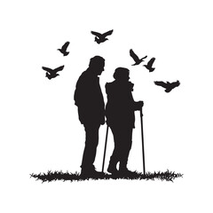 Elderly couple with walking canes and flying birds silhouette on white background