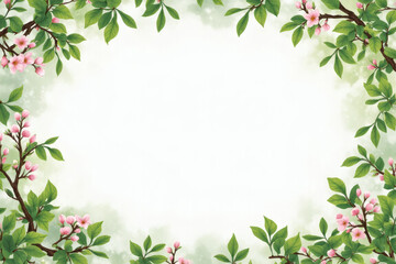 Spring blossom foliage border with empty white center