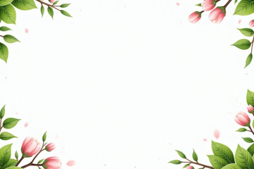 Fresh spring leaves and buds growing from corners on white