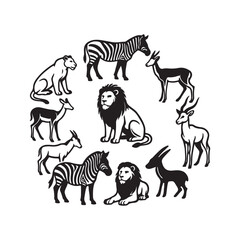 African Safari Animals Arranged in a Circle Silhouette lion lioness