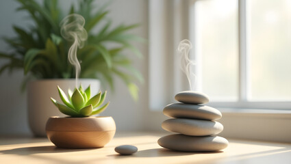 A peaceful indoor setting featuring a succulent plant and stacked stones with incense, evoking a sense of calm and relaxation.