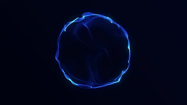 Abstract blue energy sphere with smooth flowing light waves on dark background, futuristic glowing orb with calm motion and deep sci fi digital depth.Seamless loop