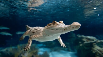 A baby alligator swims in a tank