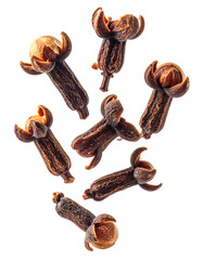 Falling whole cloves spice on transparent background
