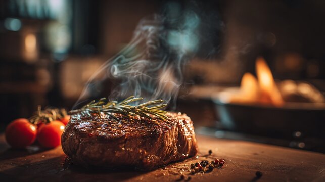 Steak photographed from side angle, cozy kitchen environment