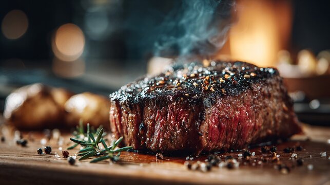 Steak photographed from side angle, cozy kitchen environment