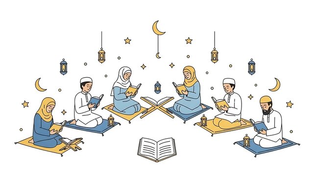 Group of people sitting on prayer mats reading from books under crescent moons and stars, done adobe (46).jpg