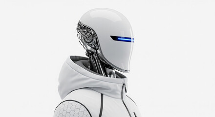 Minimalist white robot profile portrait with blue glowing eye. Futuristic android in hoodie on clean white background