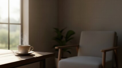 Fototapeta premium White cup on wooden table beside chair in a cozy room