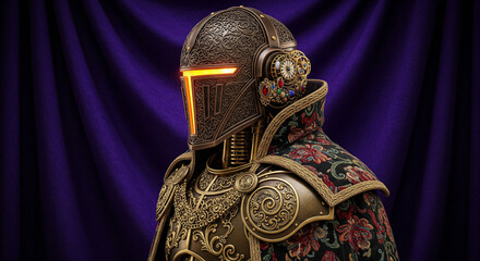 Ornate steampunk robot in gold armor and floral cape. Royal futuristic knight character on purple background