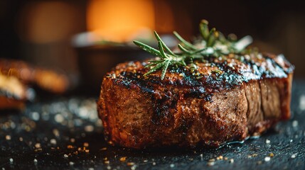 Steak positioned at bottom of frame, copy space above