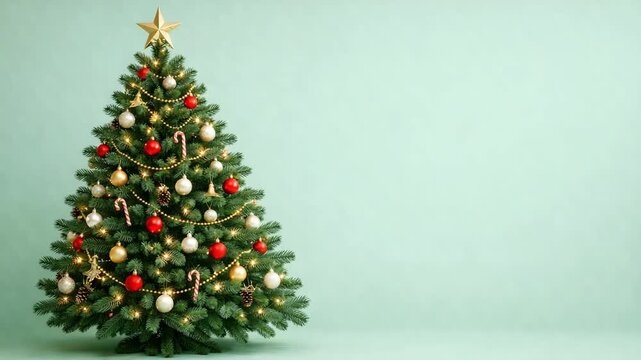 Christmas tree adorned with colorful ornaments, candy canes, and golden garlands, standing against a soft mint green background, showcasing festive decorations and holiday spirit