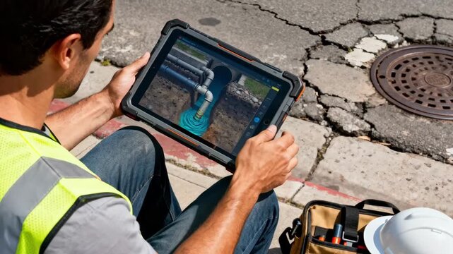 Engineer reviews sonar imaging data on a rugged tablet while conducting a subsurface scan to identify water and sewer pipes beneath an urban street.