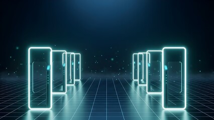 Abstract blue technology background featuring fiber optics with light spots over a glowing night city skyline and urban business architecture design