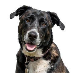 Obraz premium Happy dog with pink collar and metal tag looking ahead transparent background