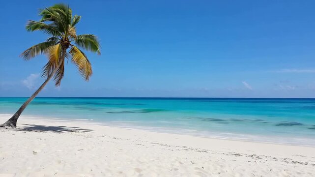 Serene tropical beach scene with palm tree and turquoise ocean water on sunny day