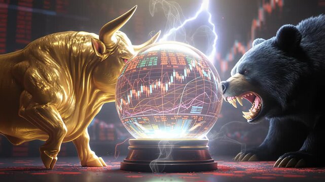 Golden bull and black bear confront each other around a luminous glass globe displaying market charts with candlesticks and trend lines, set against a dark trading floor background with smoky lighting