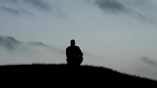 Silhouette of a man sitting alone on a hill watching the sunset. Person contemplating nature with time lapse clouds moving in the sky. Solitude and mental health concept