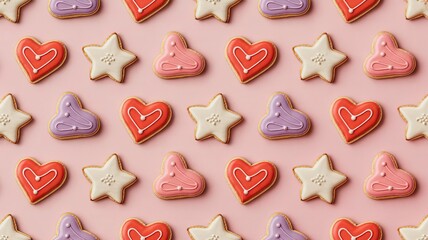 Colorful Christmas cookies pattern on pink background, decorated gingerbread hearts stars and trees with icing
