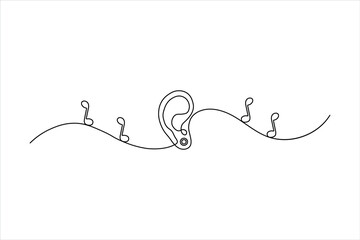 Continuous one-line drawing of a human ear with music notes. Minimalist symbol for hearing, melody, and audio. Simple black line art on a white background