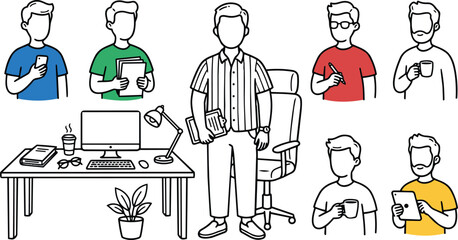 Flat design line art office set with standing manager, desk scene, avatars using phone, tablet, coffee, casual poses minimal color