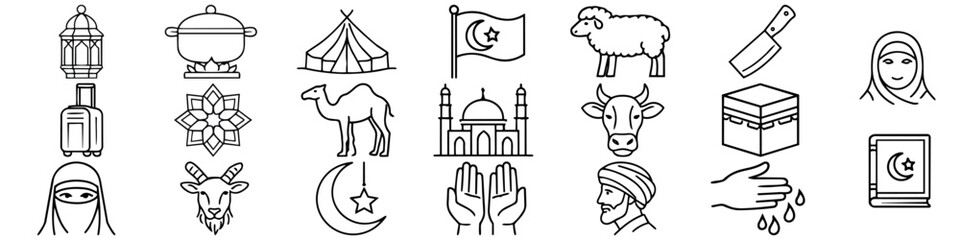 Line art icon set of islamic pilgrimage and ramadan symbols including mosque kaaba crescent praying hands hijab animals travel items