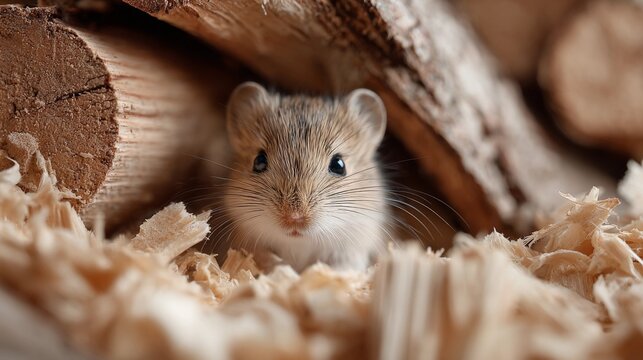 A Degu is peeking out from under a log