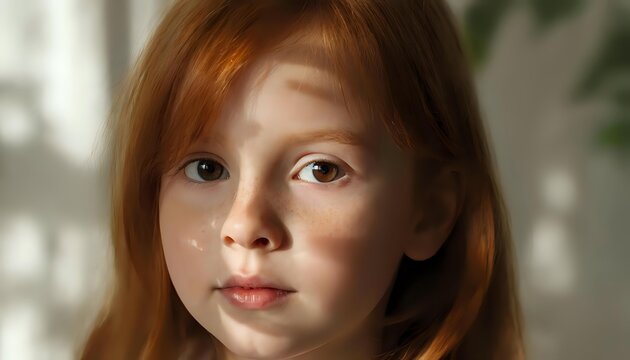 A petite redhead, shadows from leaves and window glass overlayed.