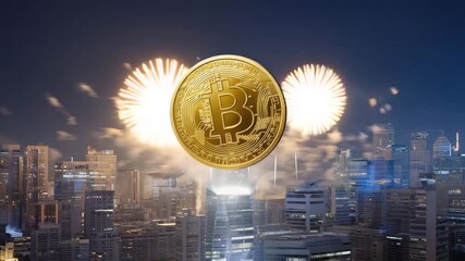 Golden Bitcoin coin hovers above a city skyline as colorful fireworks explode in the night sky, showcasing a vibrant celebration of cryptocurrency and digital finance - Powered by Adobe
