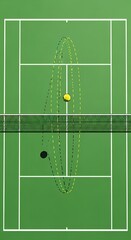 Top down view of a green tennis court with a yellow ball and trajectory lines.