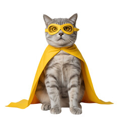 Cute gray tabby cat wearing yellow superhero cape and goggles sitting on Transparent Background