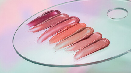 Lipstick and lip gloss swatches in nude and pink shades on glass palette, pastel gradient background
