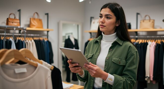 Young female manager using tablet for inventory in clothing store. Small business owner working in modern fashion boutique