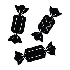 Three black wrapped candy silhouettes in a simple illustration style